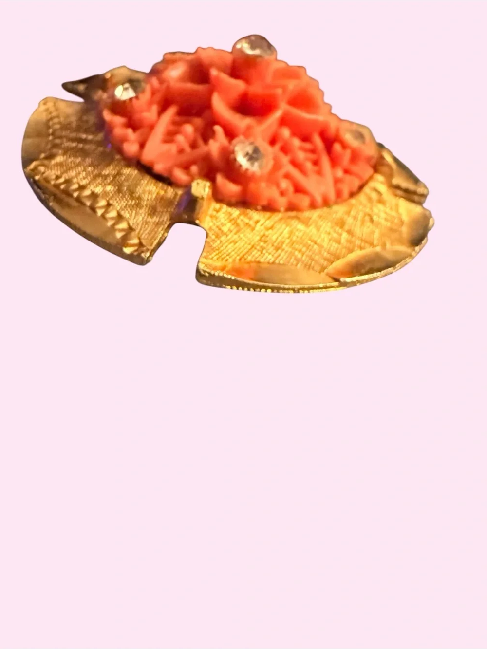 Vintage Coral-Orange Floral Brooch • Gold-Tone Statement Pin • Rhinestone Accent